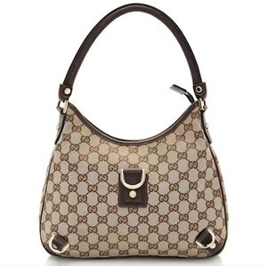Gucci GG Monogram Canvas Abbey Hobo Bag with Brown Leather Trim